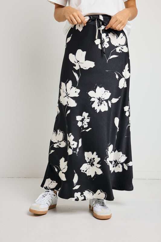 Critical Black Floral Satin Tie Waist Bias Maxi Skirt