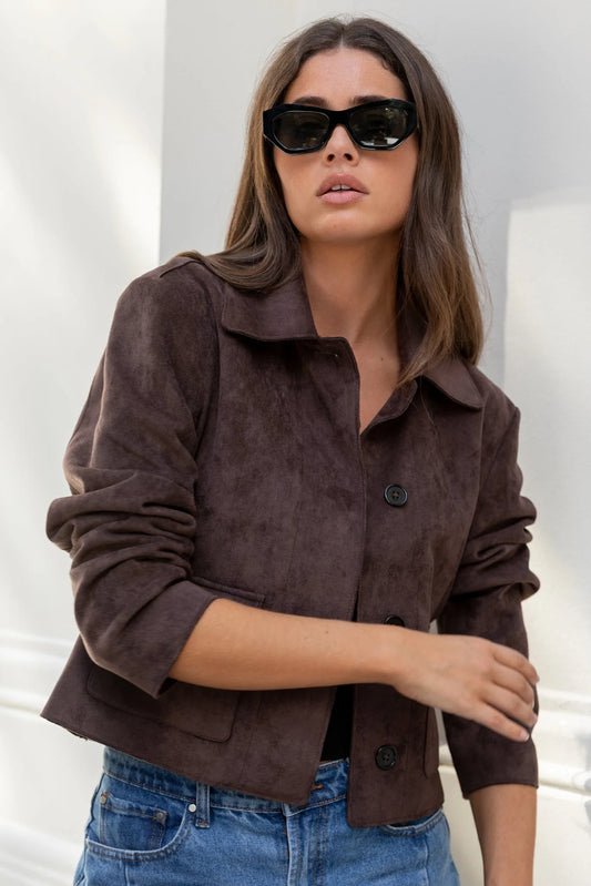 Exhibit Faux Suede Button Front Cropped Jacket - Salt & Sand Clothing