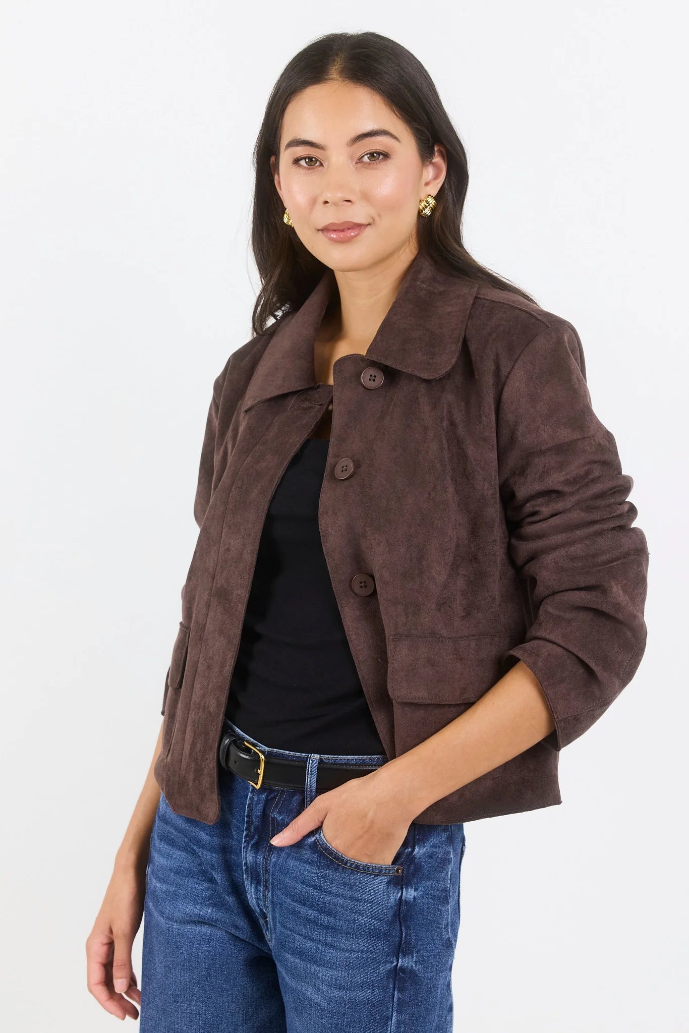 Exhibit Faux Suede Button Front Cropped Jacket