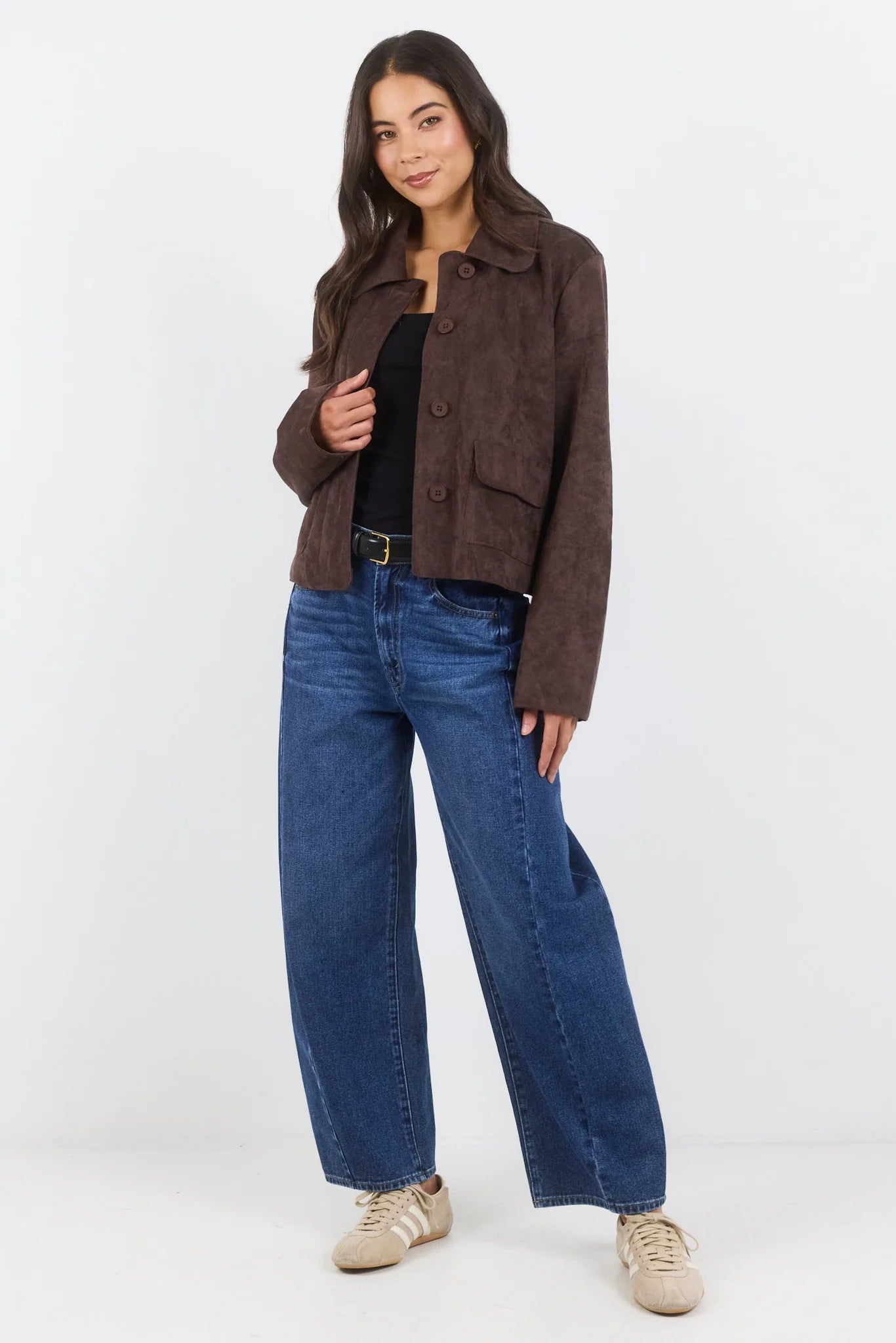 Exhibit Faux Suede Button Front Cropped Jacket
