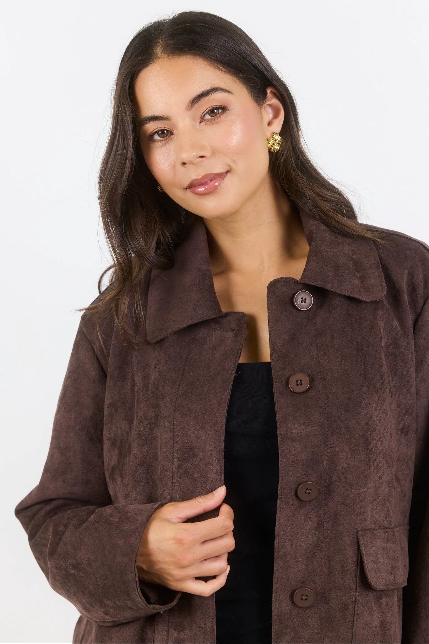 Exhibit Faux Suede Button Front Cropped Jacket